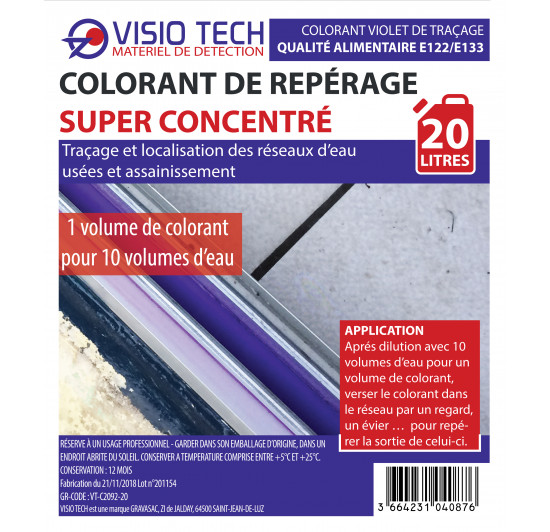 VISIO TECH - Fluorescéine Super Concentré, 20L, pour la détection